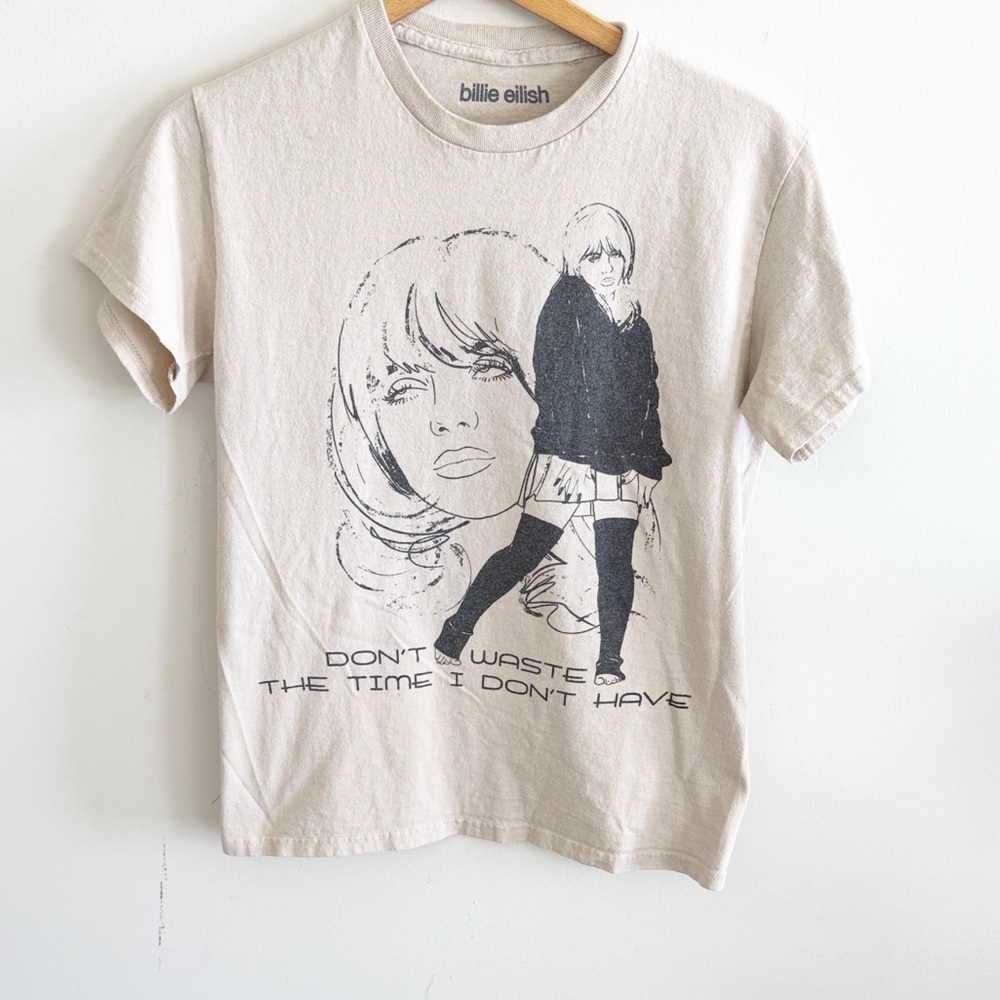 Billie Eilish Happier Than Ever don't waste time tan beige baby tee cotton sz M